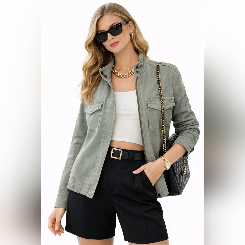 Liverpool Women's Moto Utility Cotton Jacket Sage Green Size Small Spring Trend